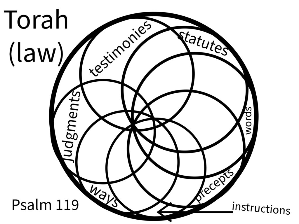 A diagram showing overlapping circles for various terms for law in Psalm 119 displaying all as contained in the broader term Torah