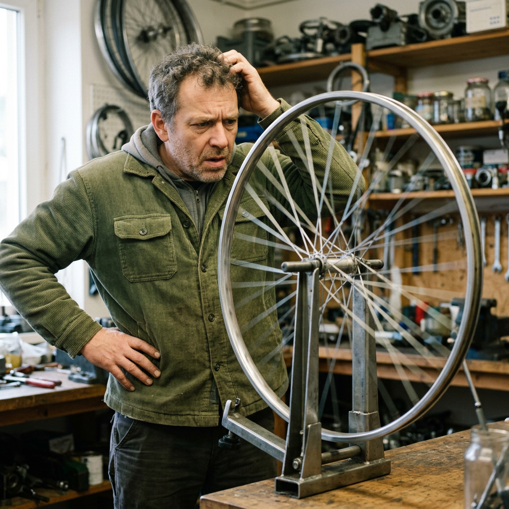 Man examining a spinning bicycle wheel on a truing stand in a workshop