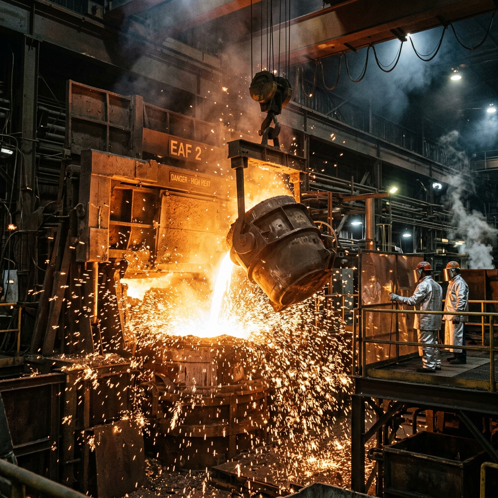Molten metal being poured from ladle into furnace with sparks flying