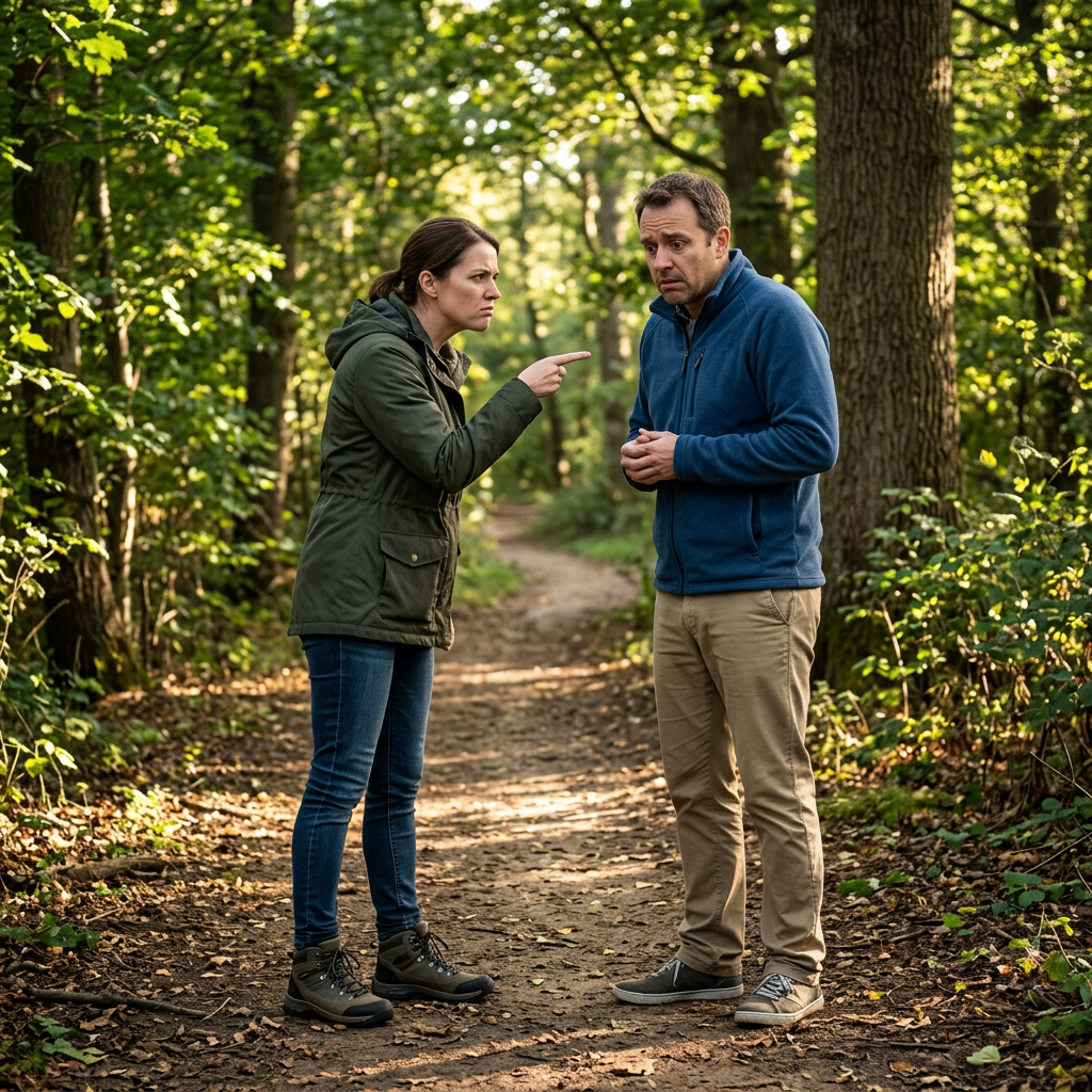 Woman pointing and arguing with a man on a forest trail