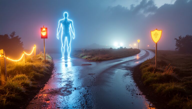 An ethereal figure at a crossroads illustrating the choices ahead and our option to choose well or badly.