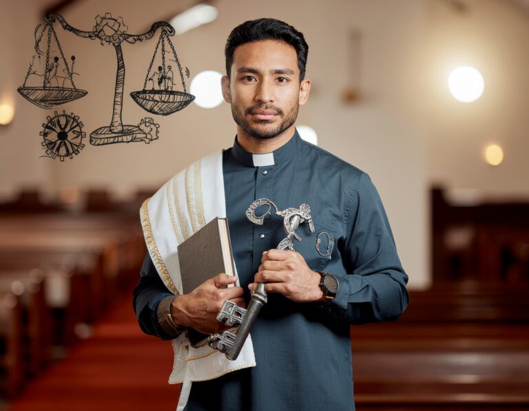 Featured image showing a pastor with staff and key, contemplating work