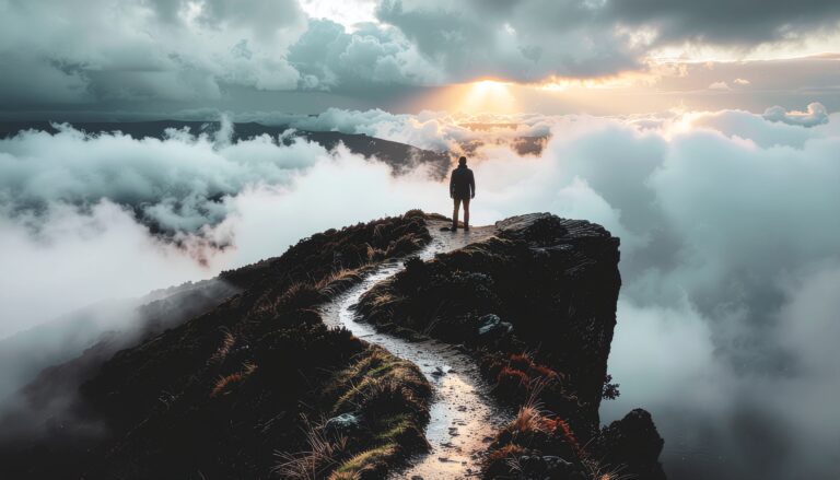 A solitary figure looking at a path disappearing into clouds in the mountains with light shining above